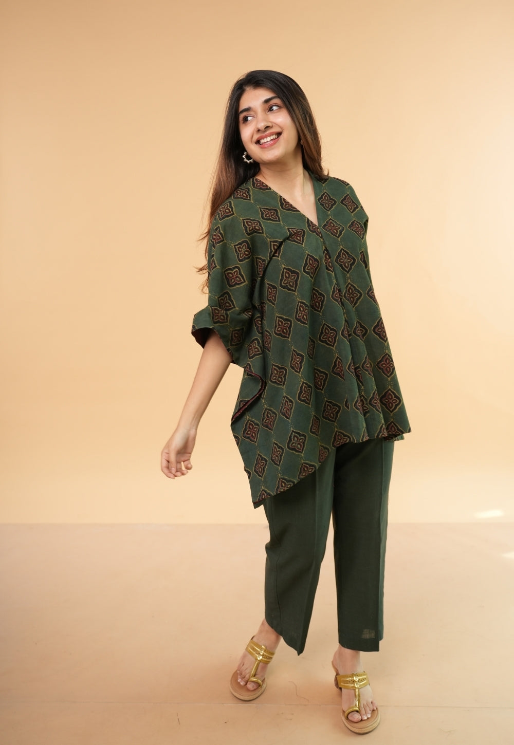 Marya Green Dabu Slub Cotton Kaftan Short Top