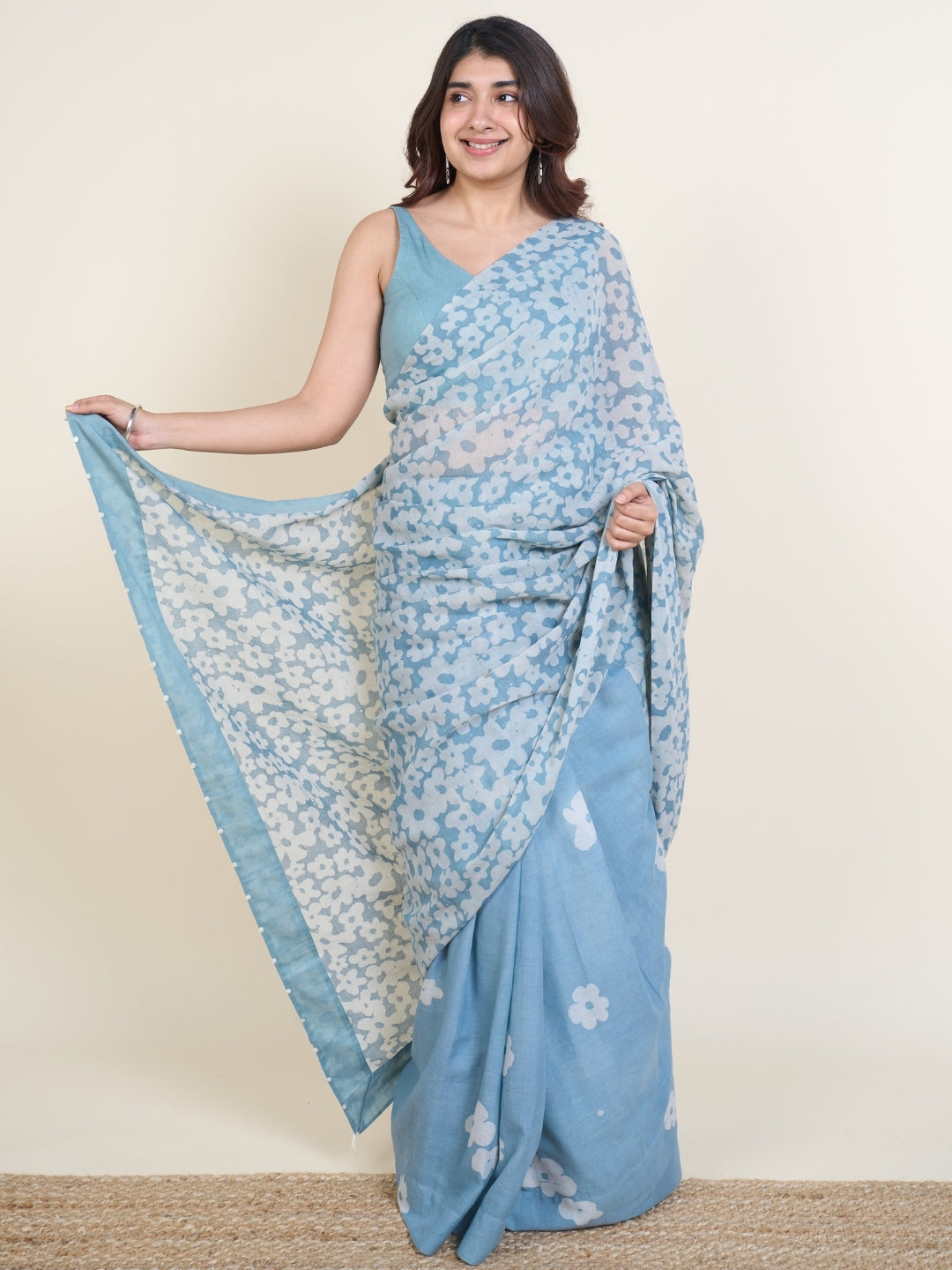 Warisha Blue Batik Hand Block Print Mul Cotton Saree with Embroidery