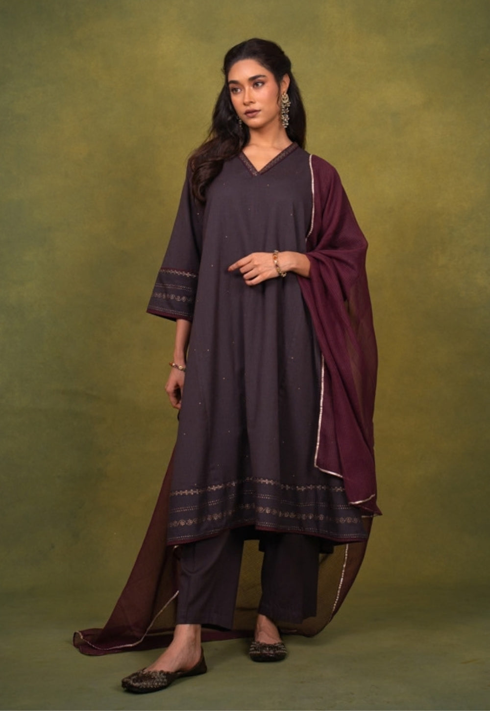Zohra Aubergine Rogan Handblock Printed Cotton Jhabbha Kali Kurta Suit Set (Set of 3)