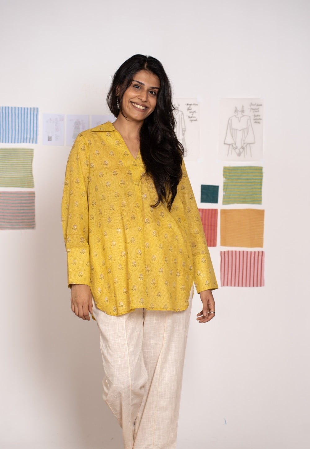 Zohal Yellow Sanganeri Mul Cotton Straight Short Top