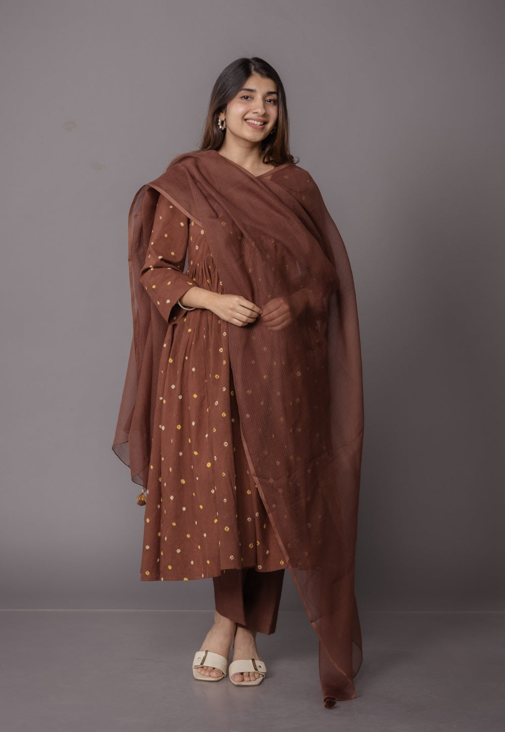 Trupti Brown Bandhani Cotton A Line Suit Set (Set of 3)