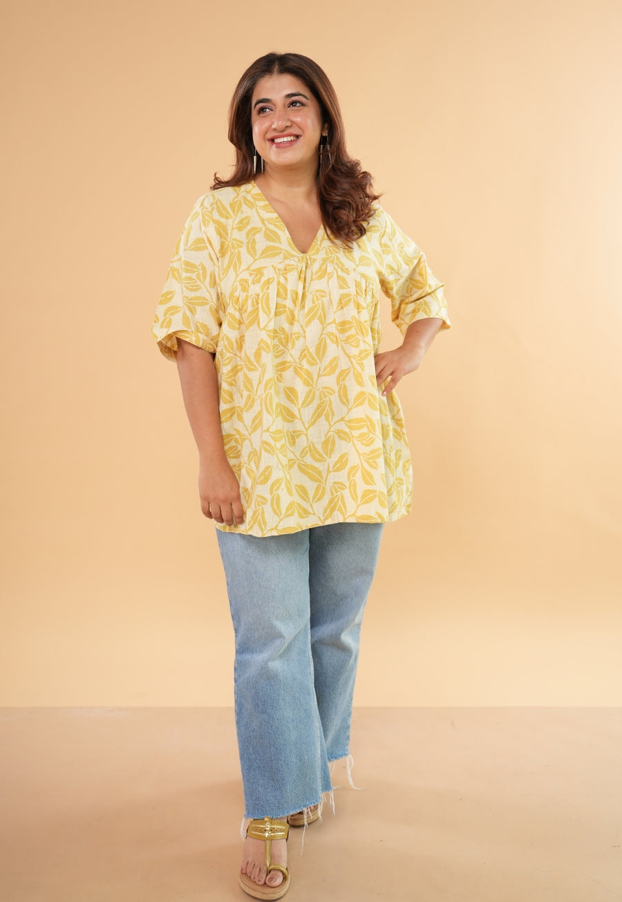 Purvi Yellow Hand Block Print Slub Cotton A Line Short Top