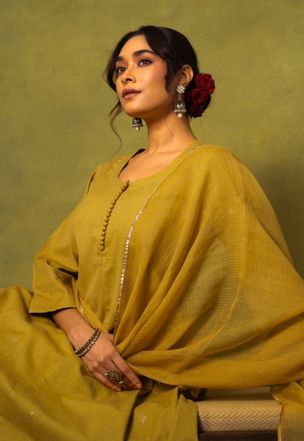 Maryam Yellow Rogan Handblock Printed Cotton Kali Kurta Suit Set (Set of 3)