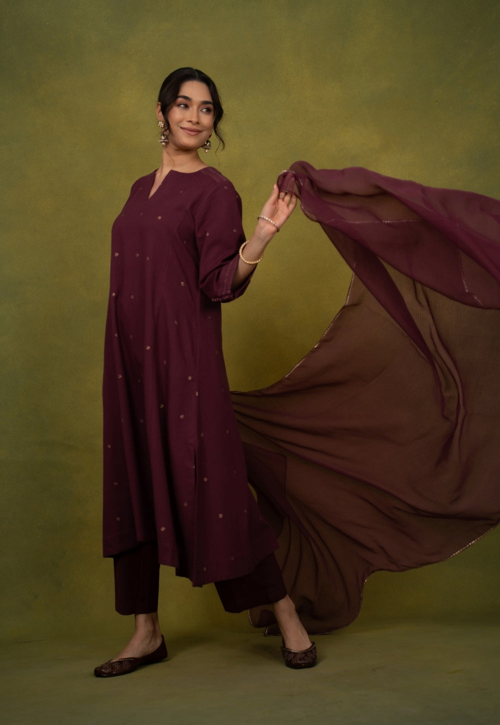 Malika Wine Rogan Handblock Printed Cotton Kali Kurta Suit Set (Set of 3)