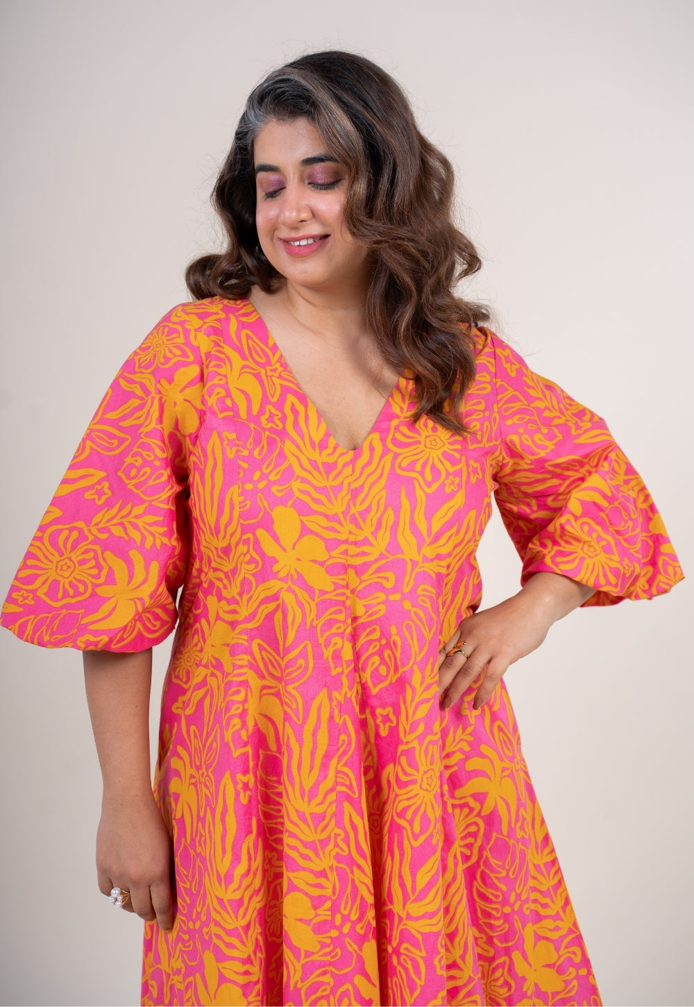 Tanisha Sunset Pink Printed Cotton A Line Dress