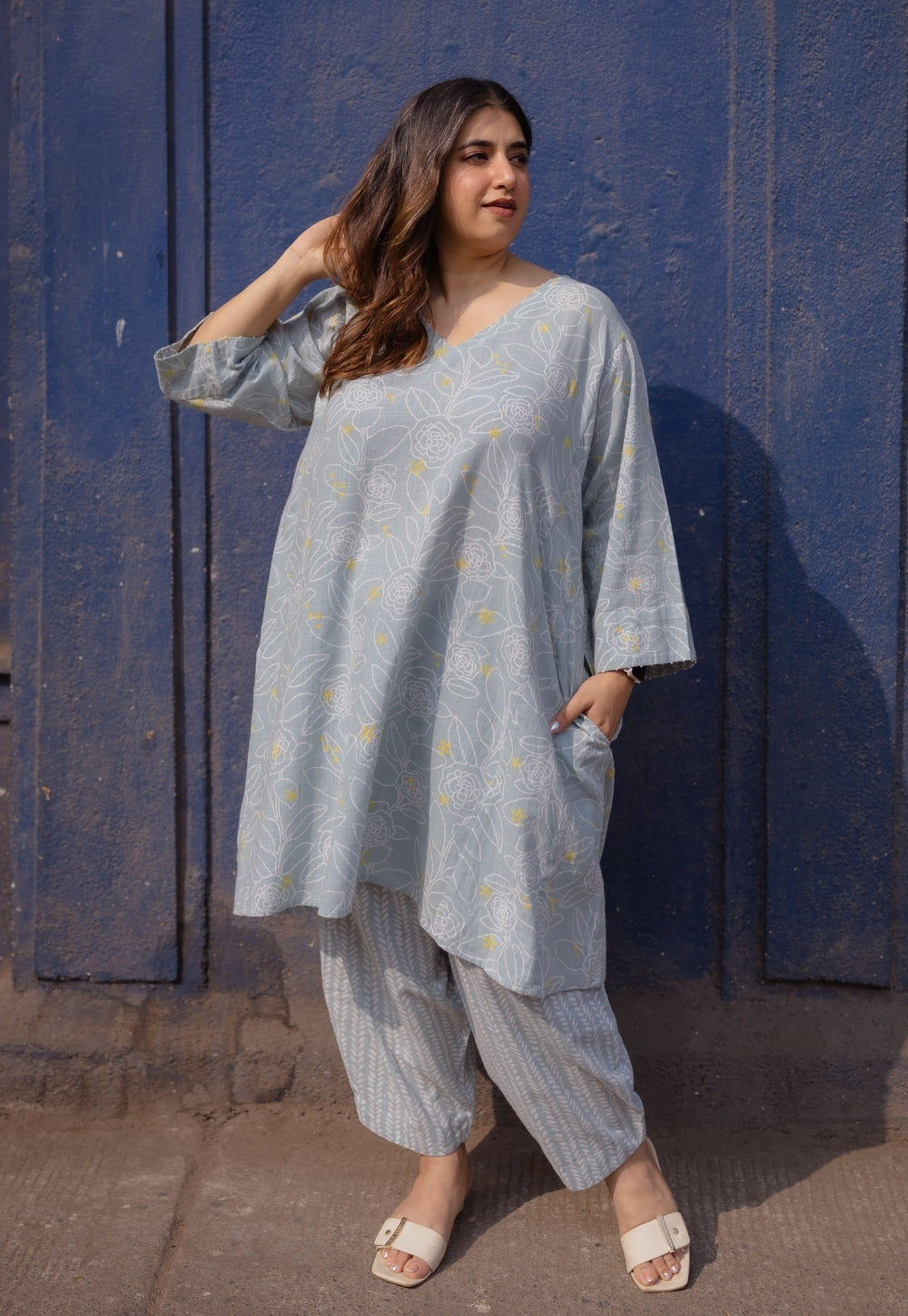 Jazmin Sky Blue Hand Block Print Slub Cotton Anti-Fit Kurta with Hand Embroidery