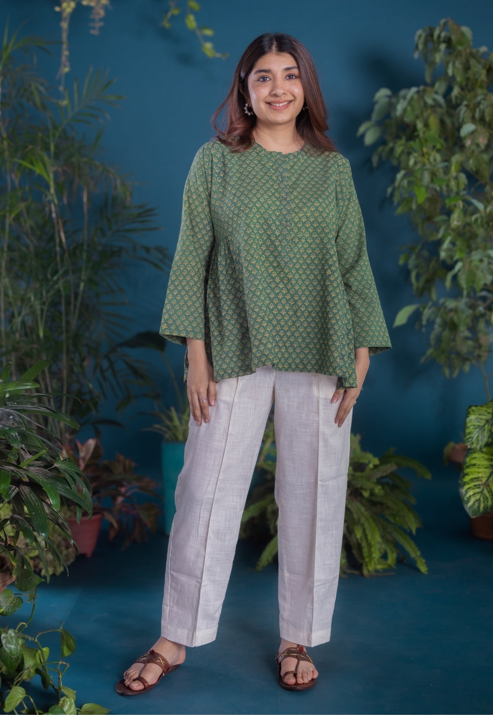 Gurmeet Green Ajrakh Cotton A Line Short Top