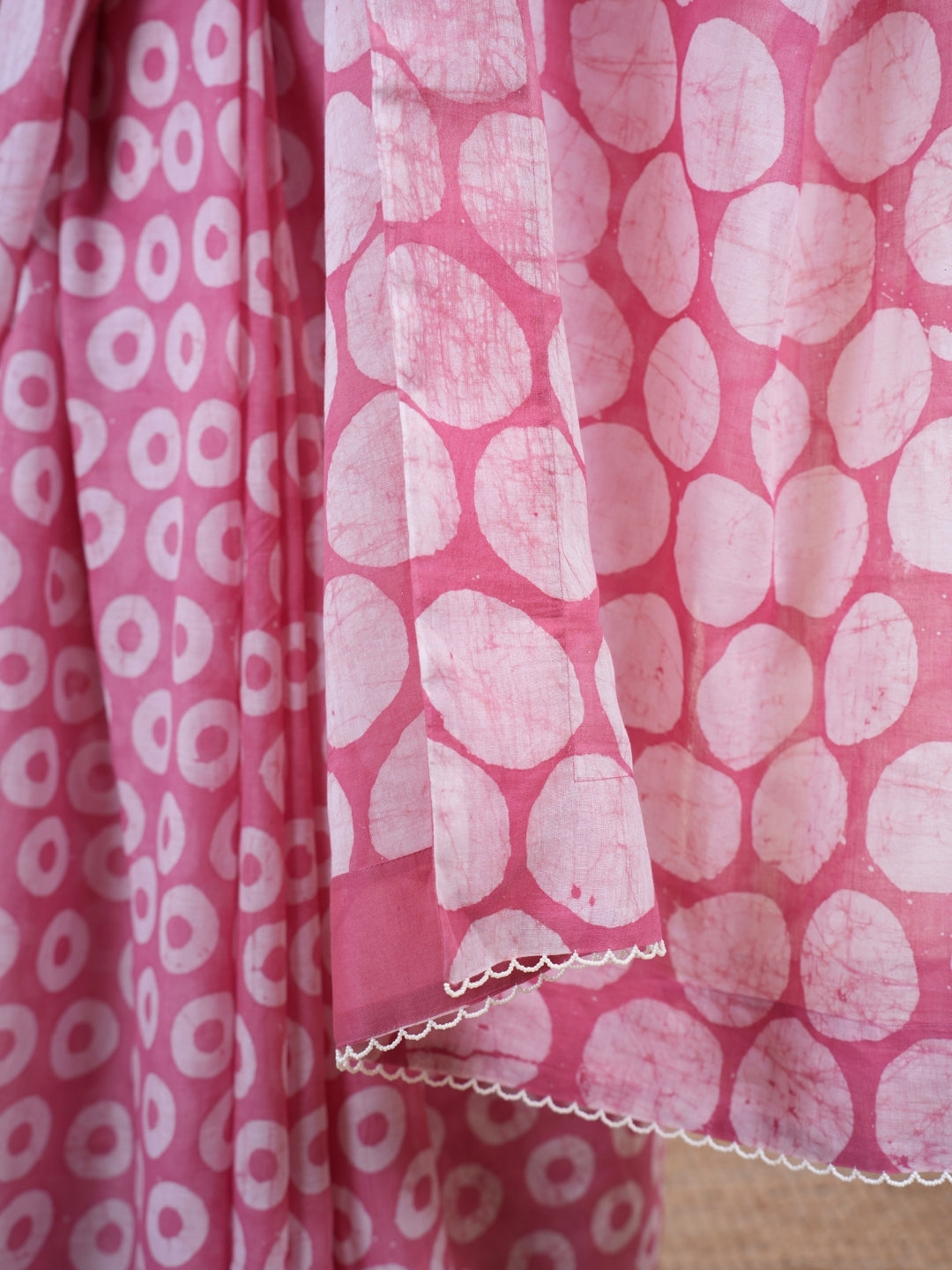 Yumna Pink Batik Hand Block Print Mul Cotton Saree with Embroidery
