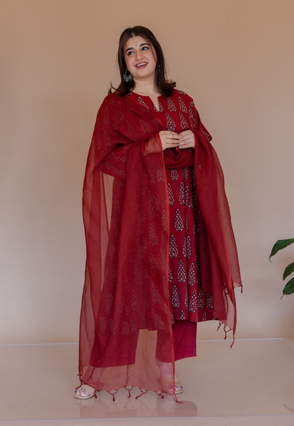 Nyra Red Ajrakh Cotton Jhabbha Kali Kurta