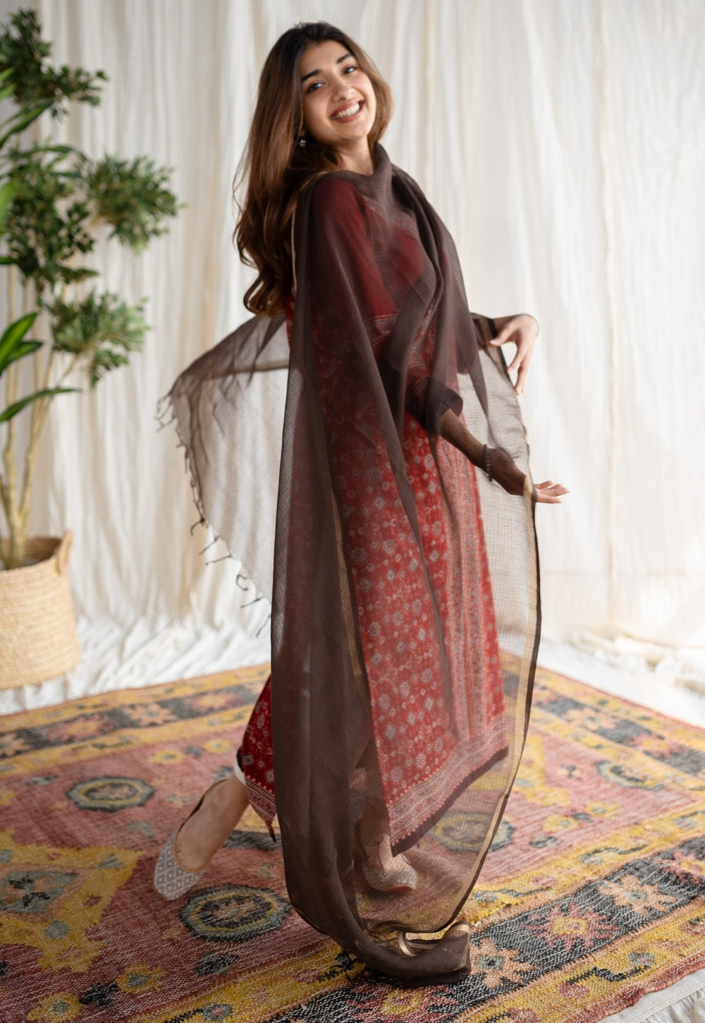 Dark Brown Kota Doria Cotton Dupatta