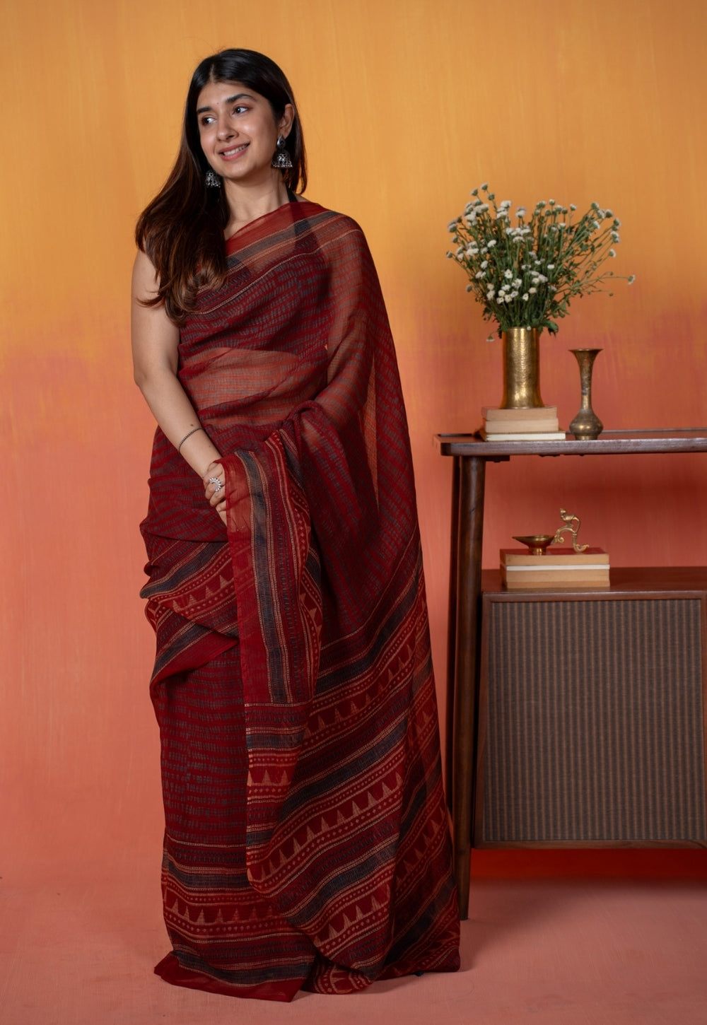 Red Objects Ajrakh Hand Block Print Kota Doria Cotton Saree