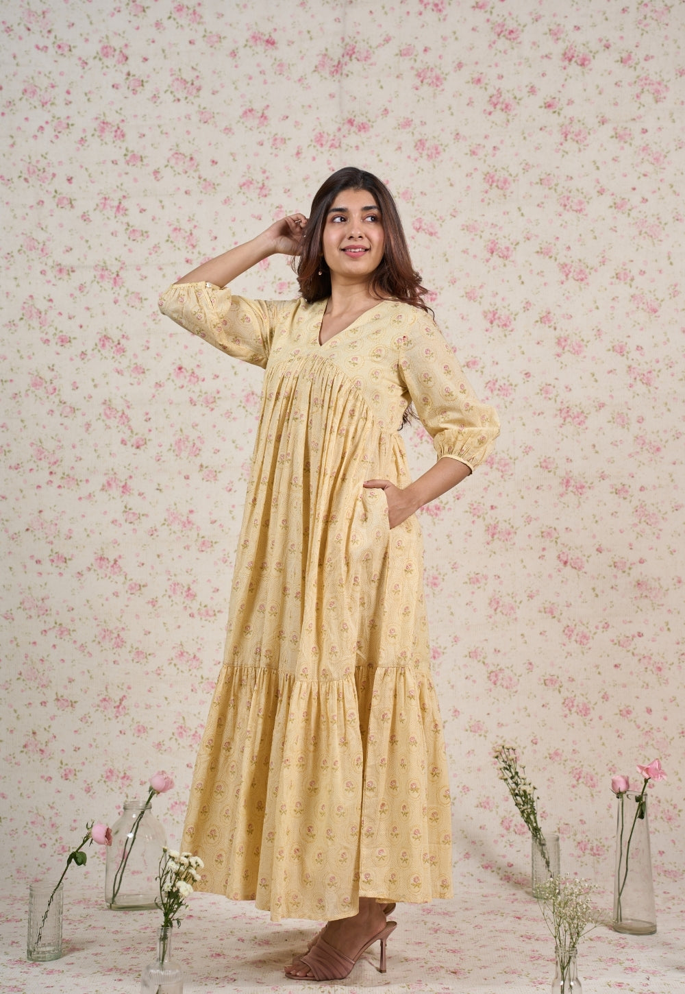 Alice Yellow Sanganeri Mul Cotton A Line Dress