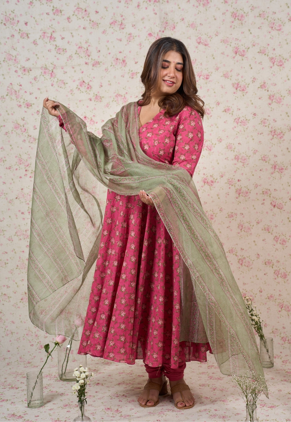 Julia Pink Sanganeri Mul Cotton A Line Kurta