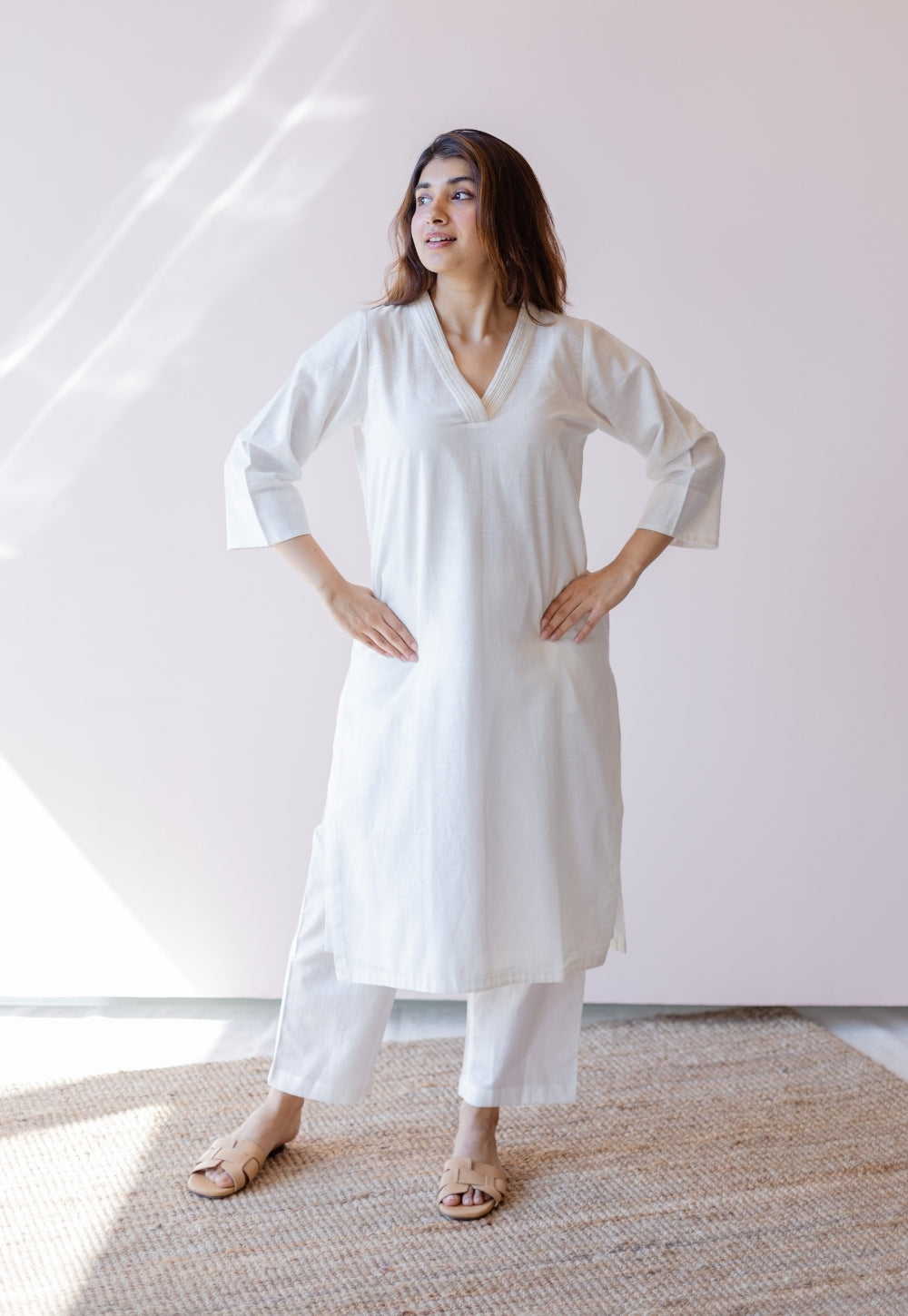 Hemali White Solid Handloom Cotton Straight Kurta