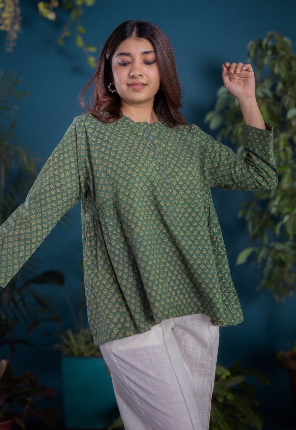 Gurmeet Green Ajrakh Cotton A Line Short Top