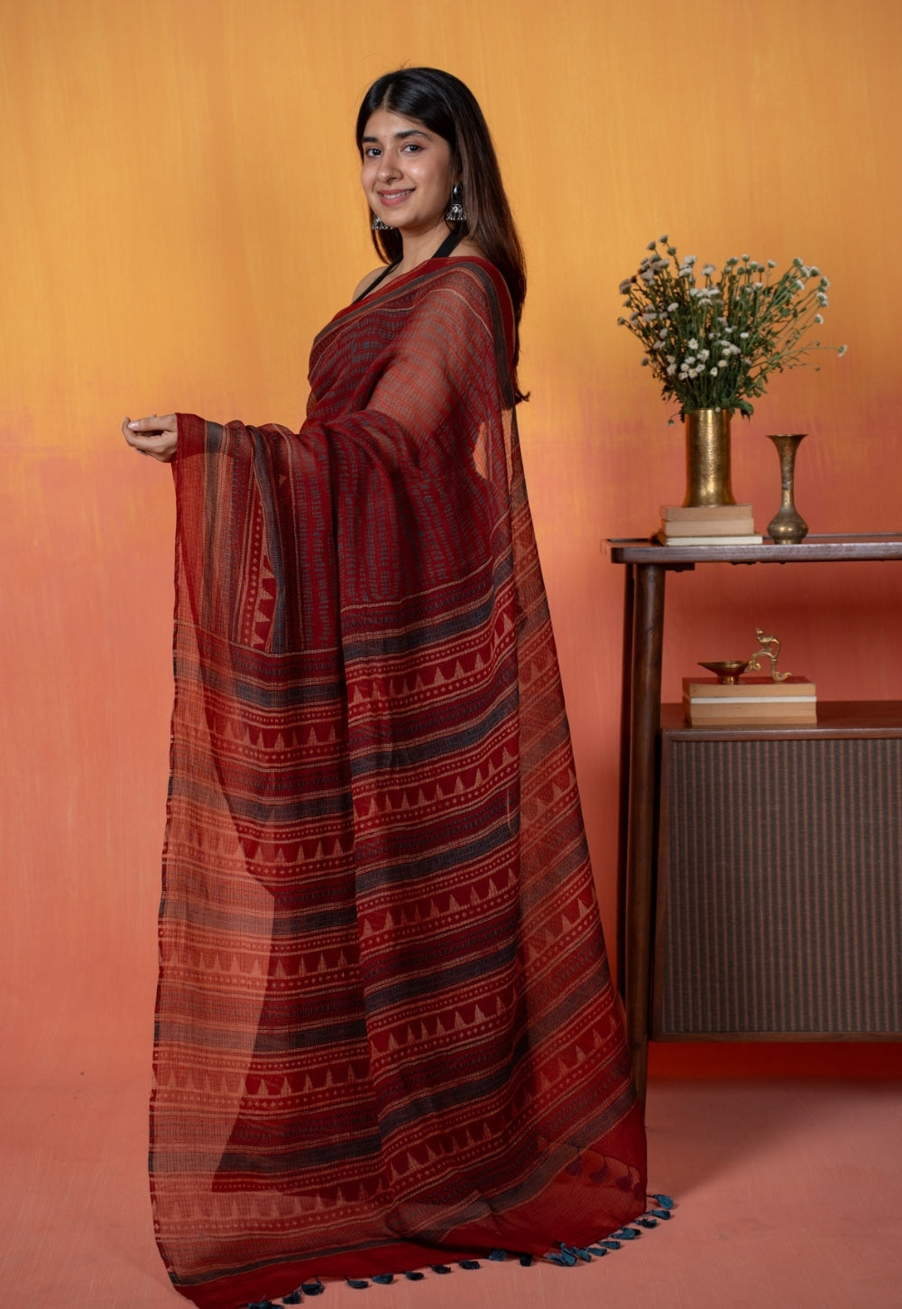 Red Objects Ajrakh Hand Block Print Kota Doria Cotton Saree