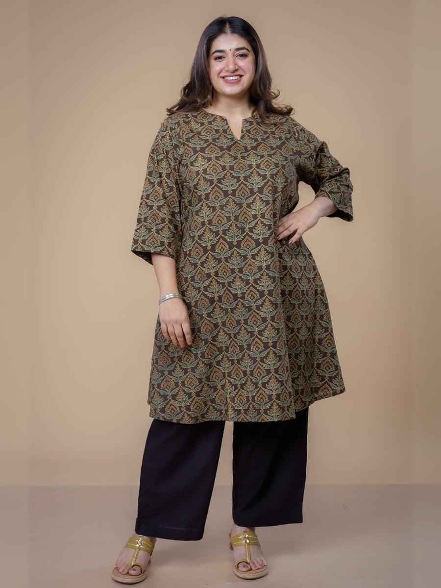 Daksha Brown Ajrakh Cotton A Line Kurta