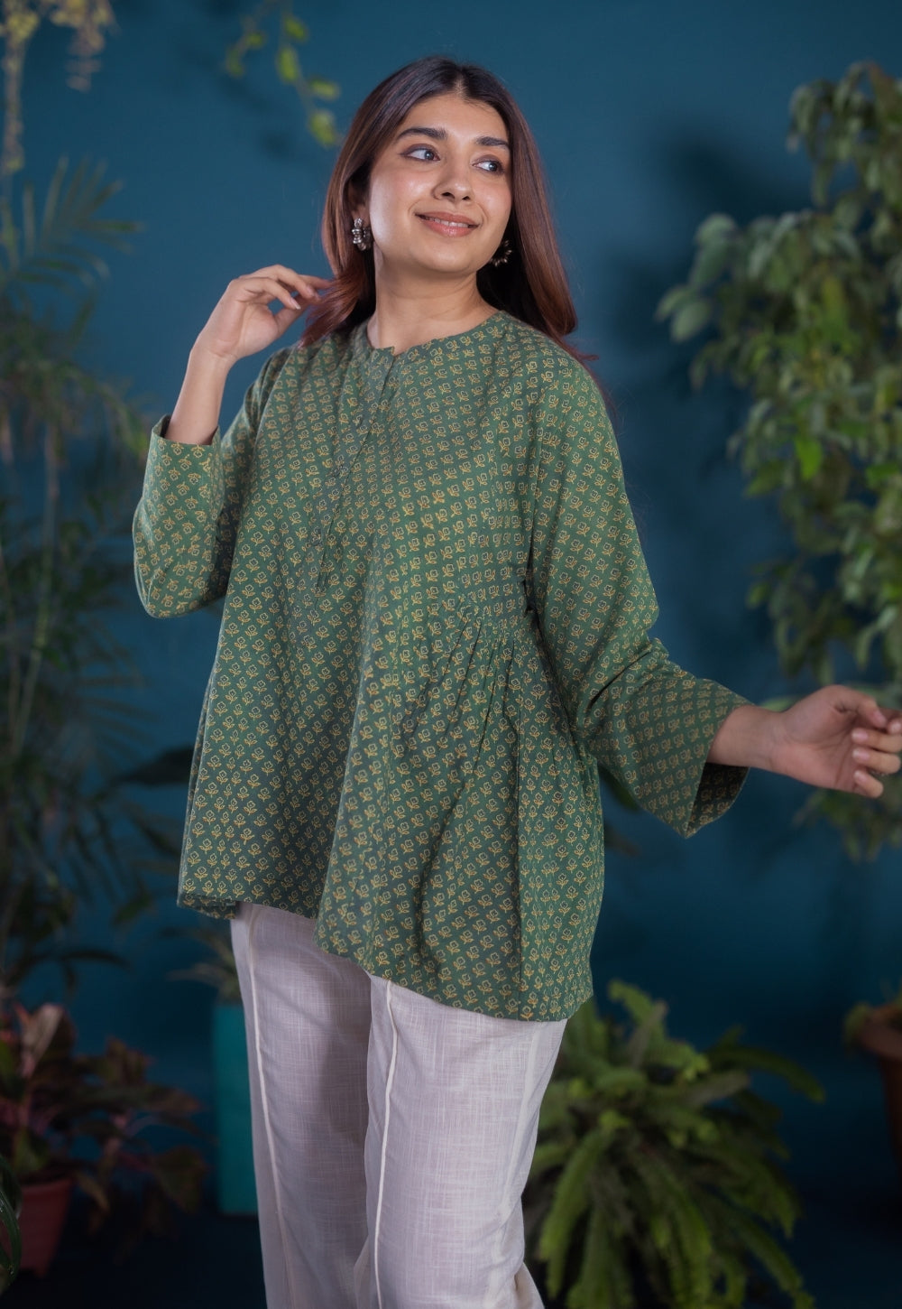 Gurmeet Green Ajrakh Cotton A Line Short Top