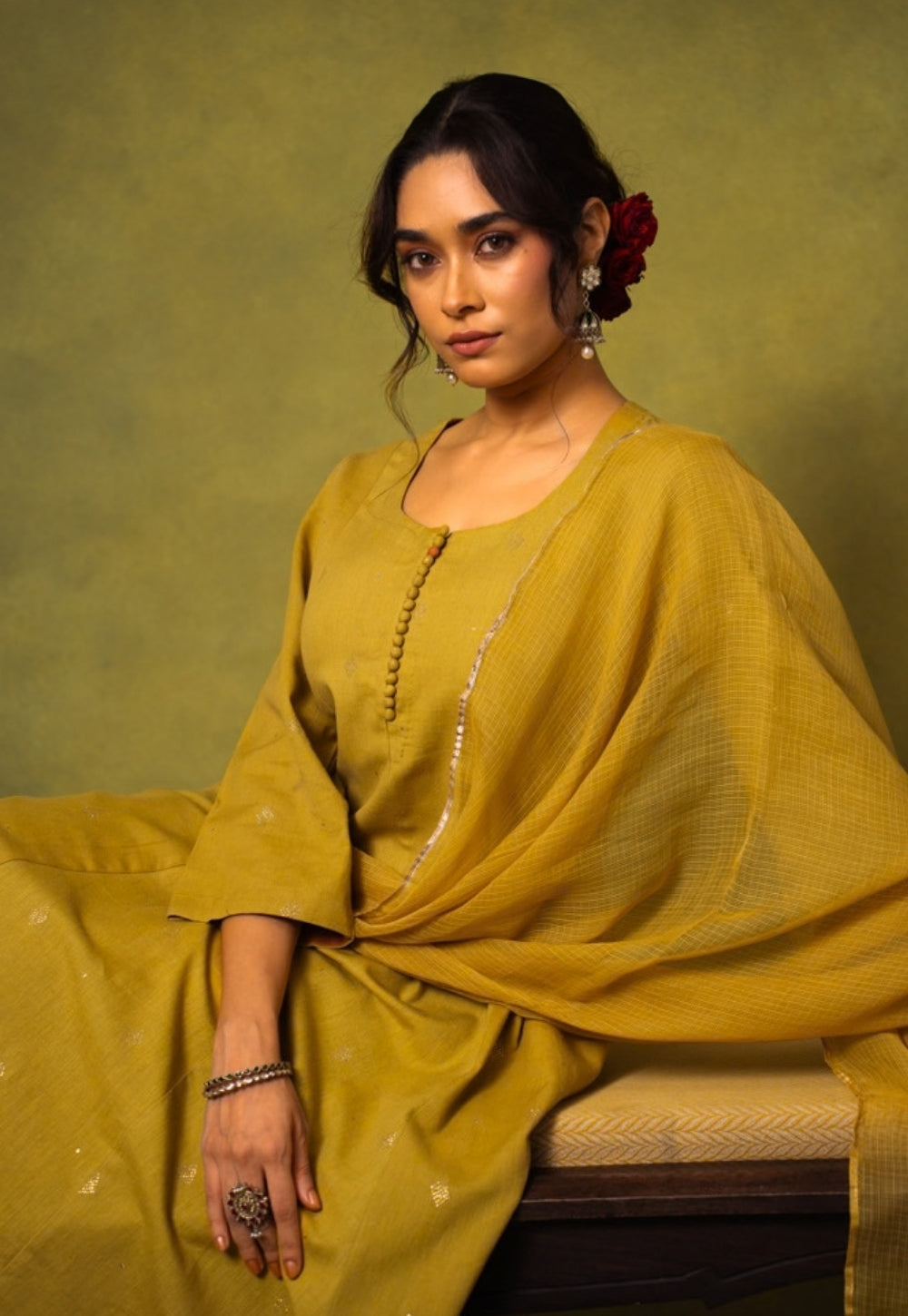 Maryam Yellow Rogan Handblock Printed Cotton Kali Kurta Suit Set (Set of 3)