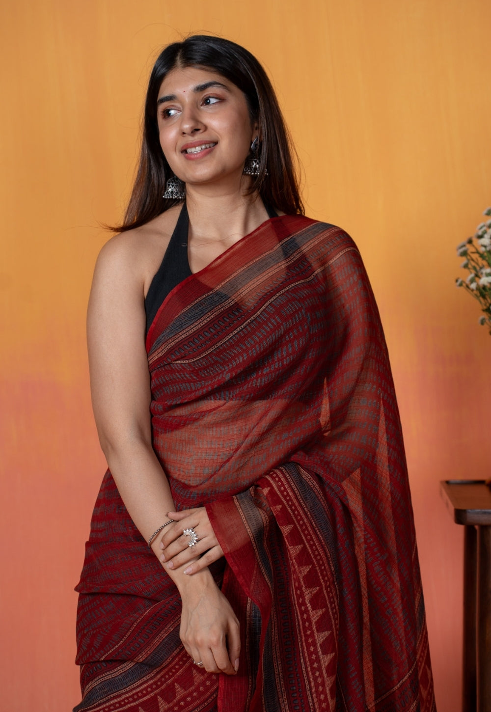 Red Objects Ajrakh Hand Block Print Kota Doria Cotton Saree