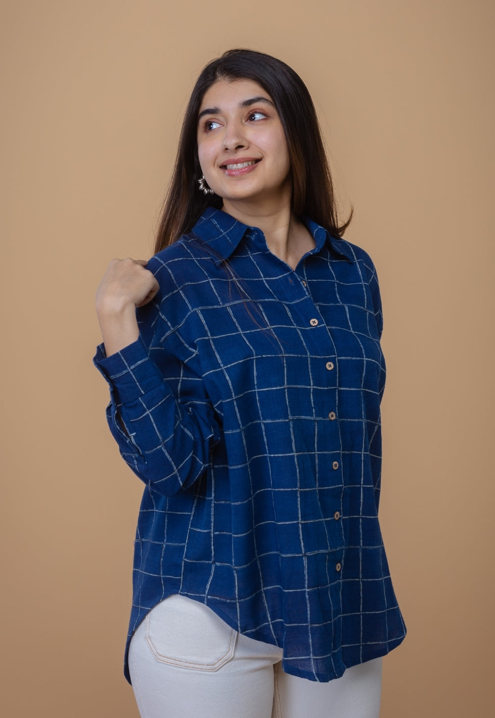 Ruhi Blue Dabu Slub Cotton Straight Shirt