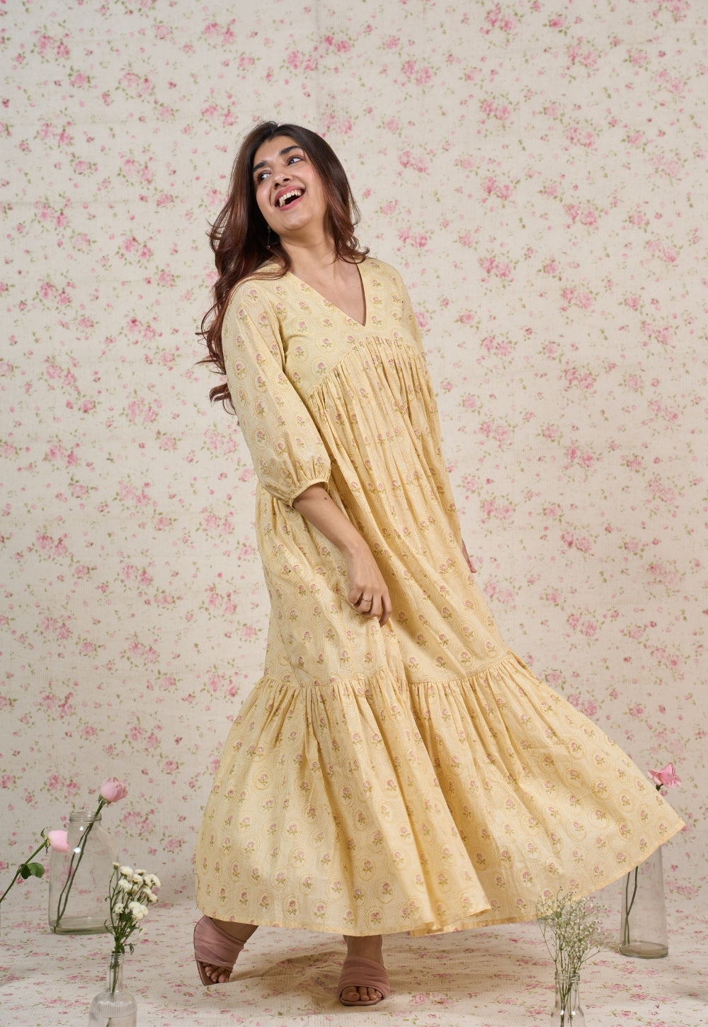Alice Yellow Sanganeri Mul Cotton A Line Dress
