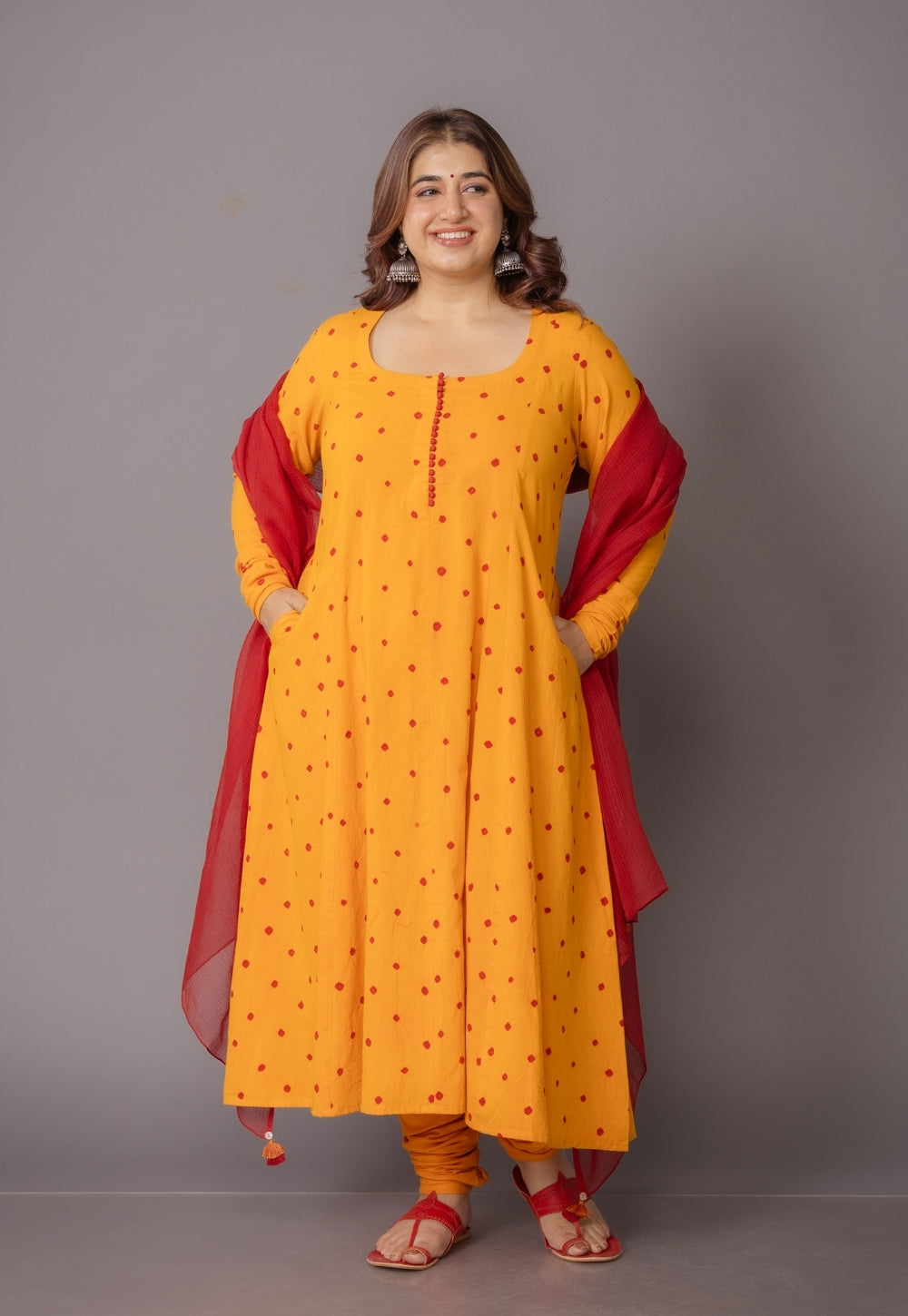 Akrita Yellow Bandhani Cotton Kali Suit Set (Set of 3)