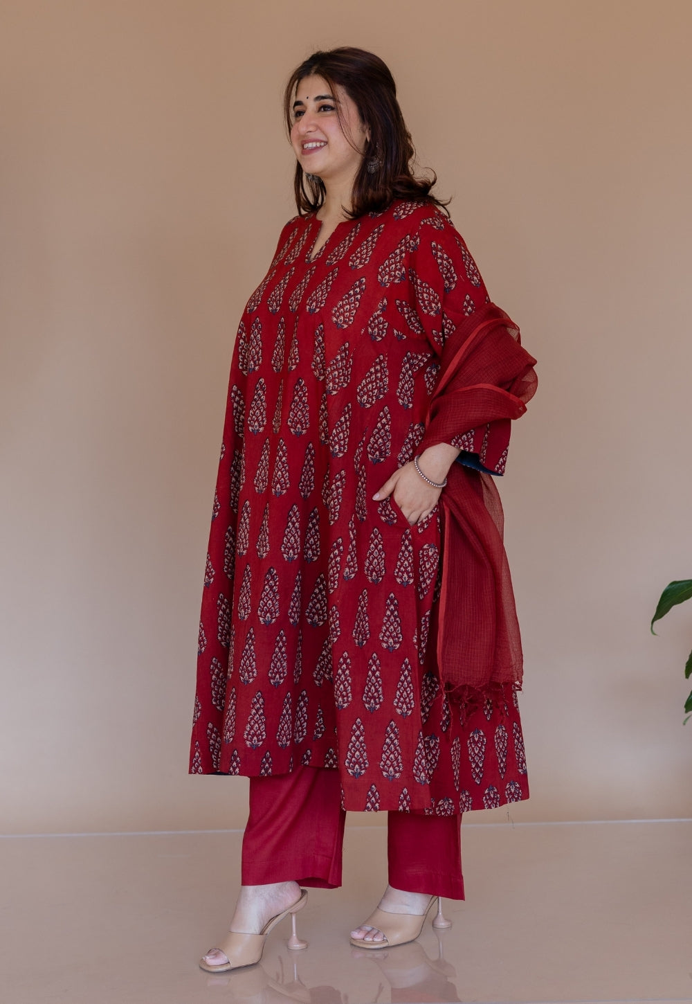 Nyra Red Ajrakh Cotton Jhabbha Kali Kurta