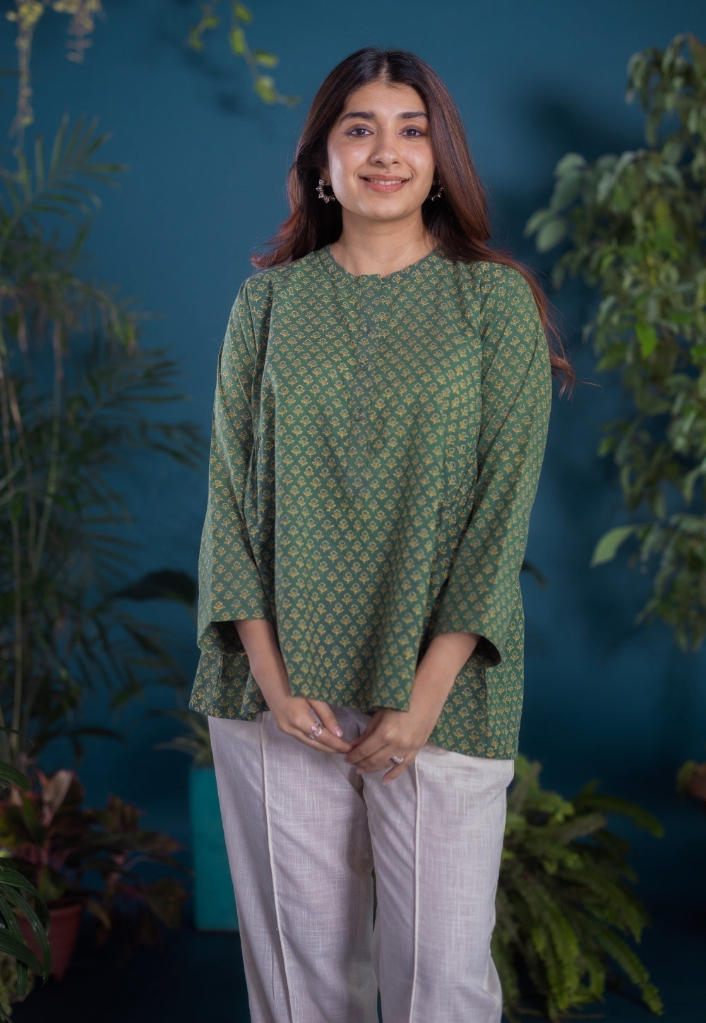 Gurmeet Green Ajrakh Cotton A Line Short Top