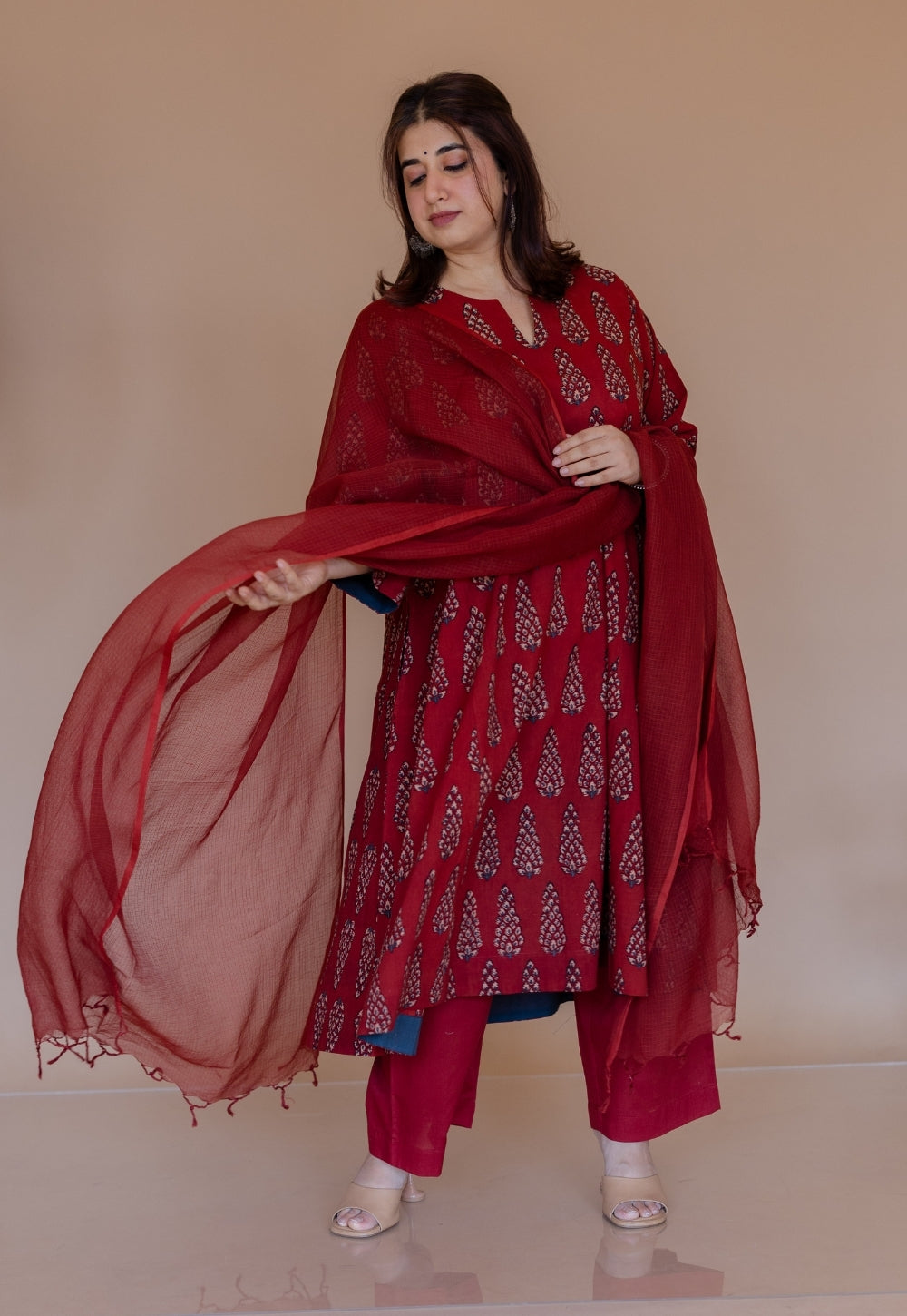 Red Solid Kota Doria Cotton Dupatta