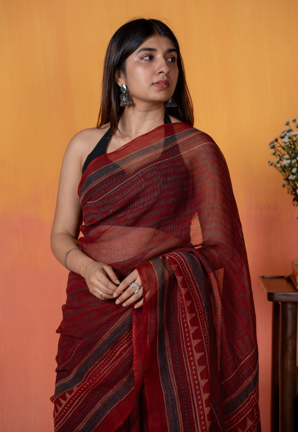 Red Objects Ajrakh Hand Block Print Kota Doria Cotton Saree
