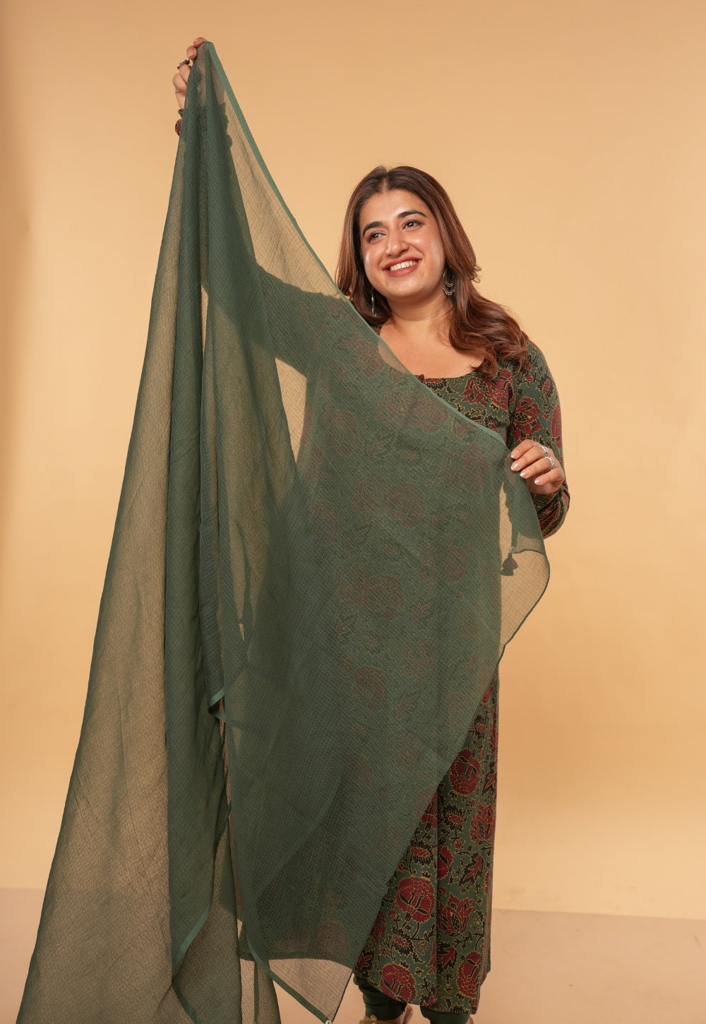 Green Solid Kota Doria Dupatta with Tassels
