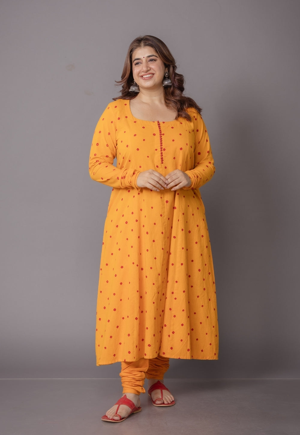Akrita Yellow Bandhani Cotton Kali Suit Set (Set of 3)