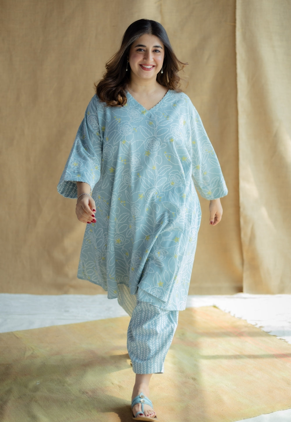 Jazmin Sky Blue Hand Block Print Slub Cotton Anti-Fit Kurta with Hand Embroidery