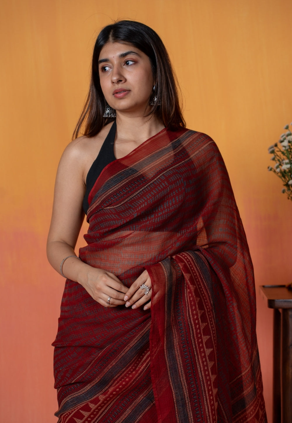 Red Objects Ajrakh Hand Block Print Kota Doria Cotton Saree