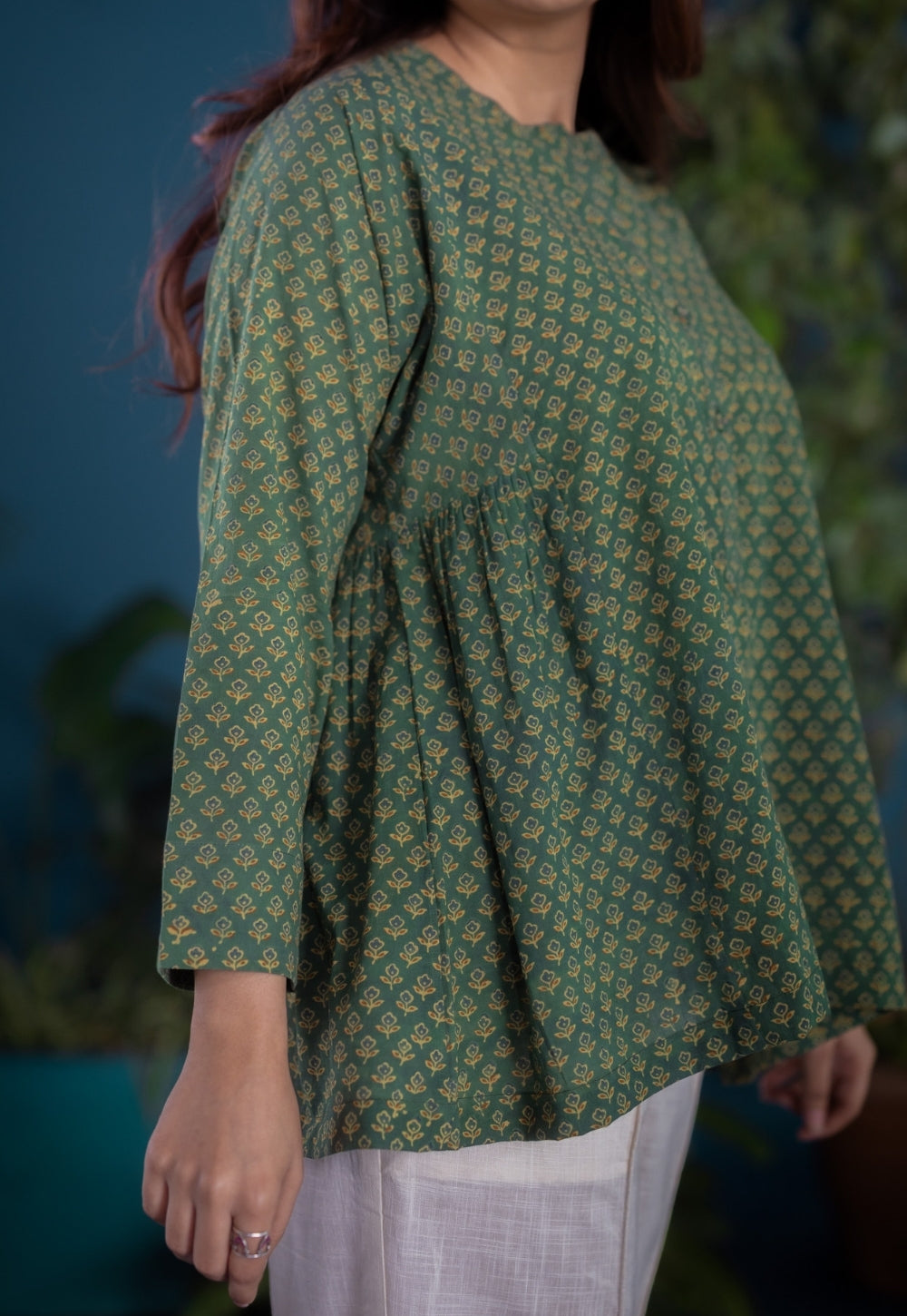 Gurmeet Green Ajrakh Cotton A Line Short Top