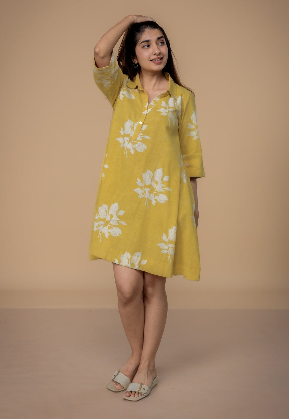 Srisha Yellow Dabu Slub Cotton A Line Dress