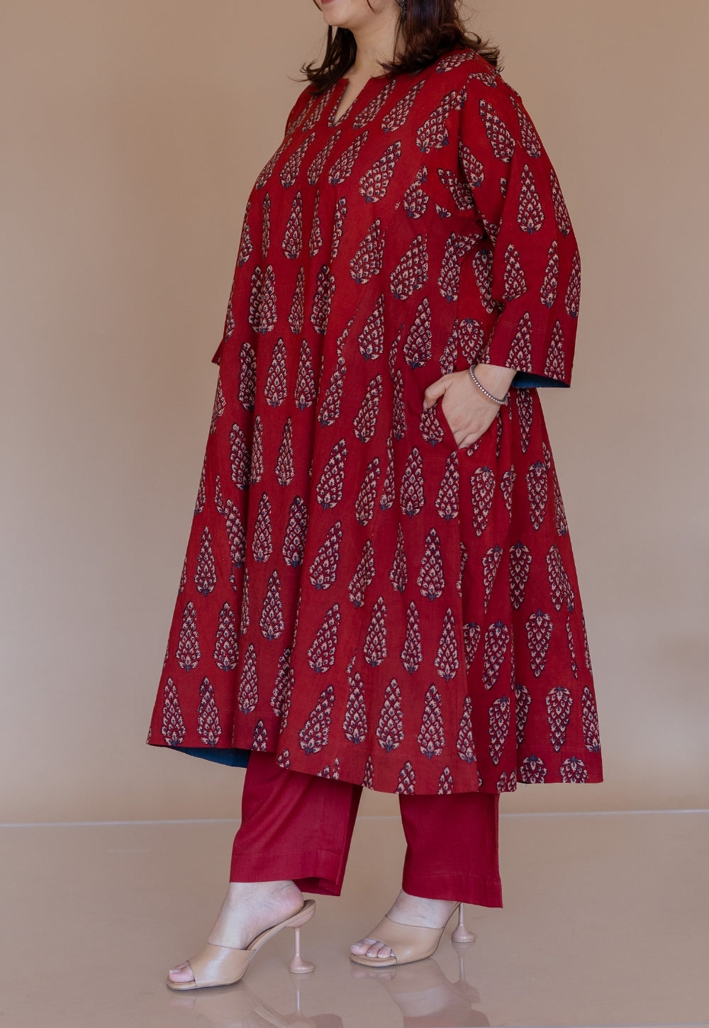 Nyra Red Ajrakh Cotton Jhabbha Kali Kurta