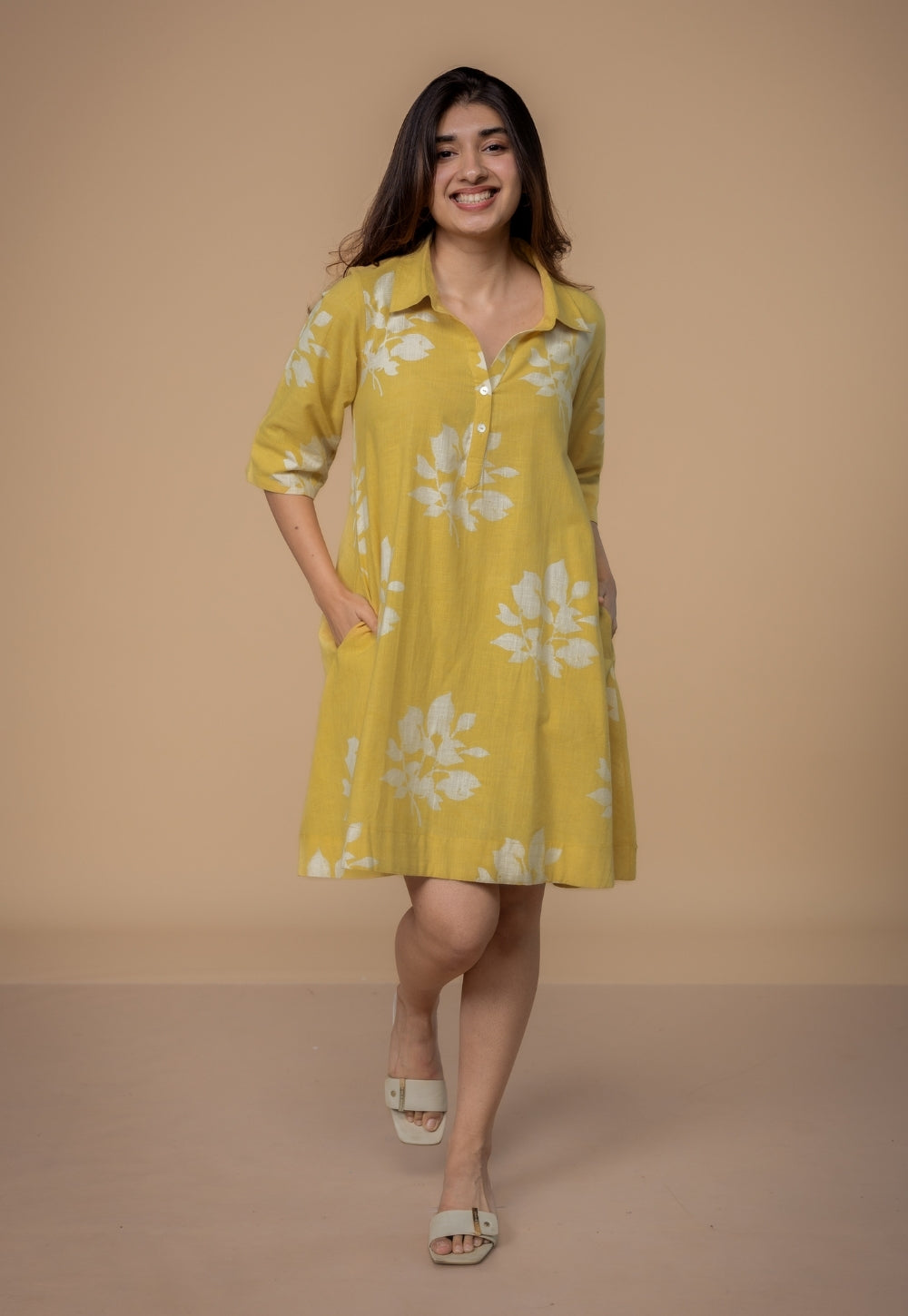 Srisha Yellow Dabu Slub Cotton A Line Dress