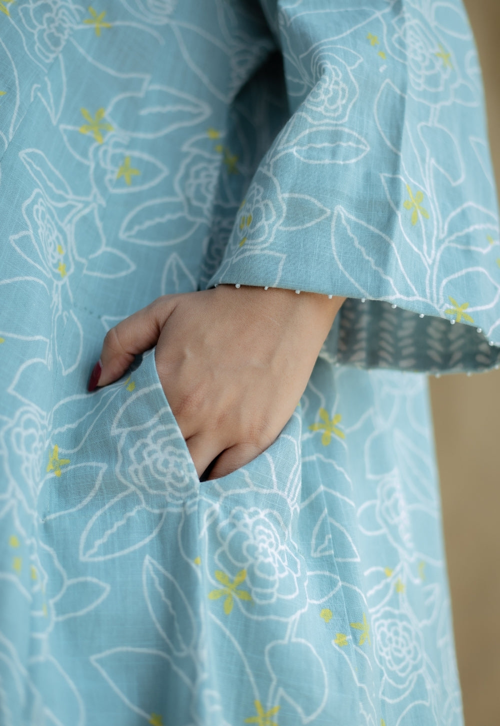Jazmin Sky Blue Hand Block Print Slub Cotton Anti-Fit Kurta with Hand Embroidery