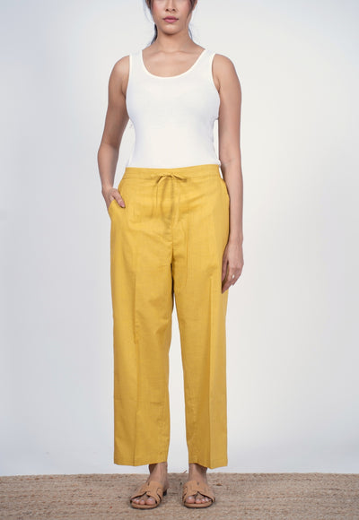 Yashi Yellow Solid Slub Cotton Straight Palazzo Pant