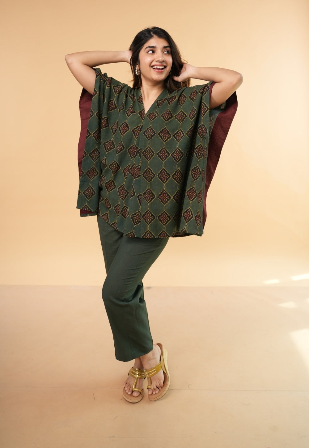 Marya Green Dabu Slub Cotton Kaftan Short Top