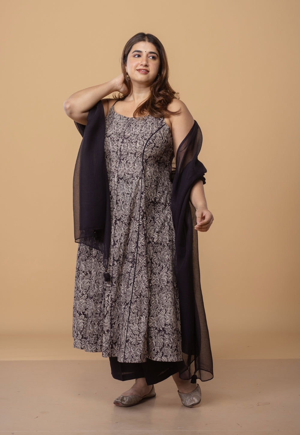 Sanah Black Kalamkari Cotton Kali Kurta