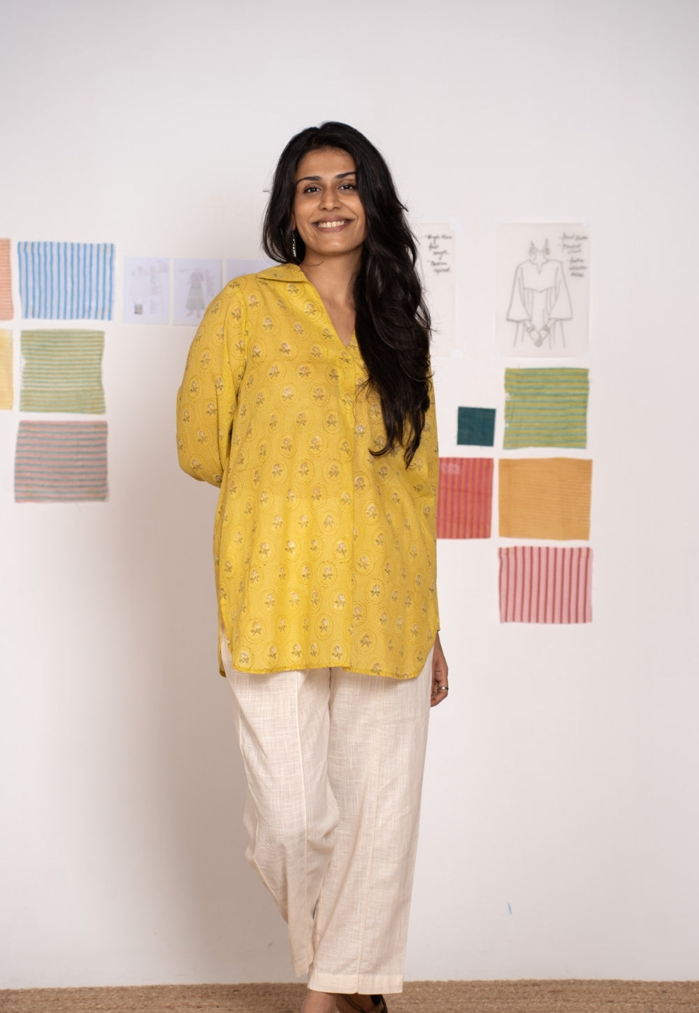 Zohal Yellow Sanganeri Mul Cotton Straight Short Top