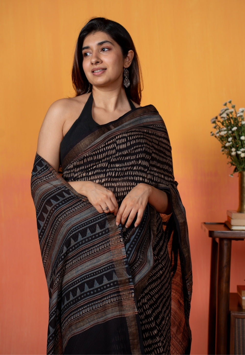 Black Objects Ajrakh Hand Block Print Maheshwari Saree
