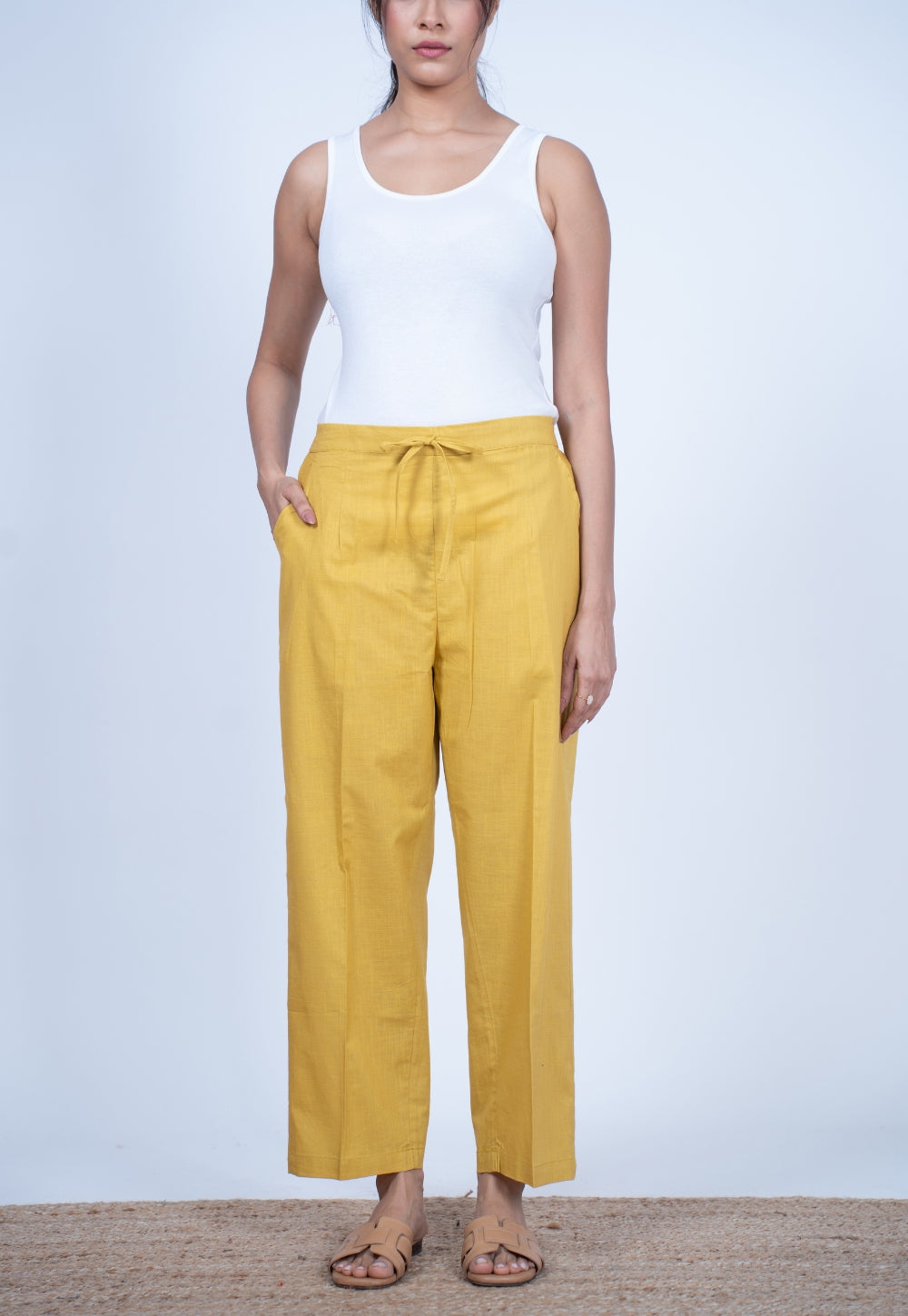 Yashi Yellow Solid Slub Cotton Straight Palazzo Pant