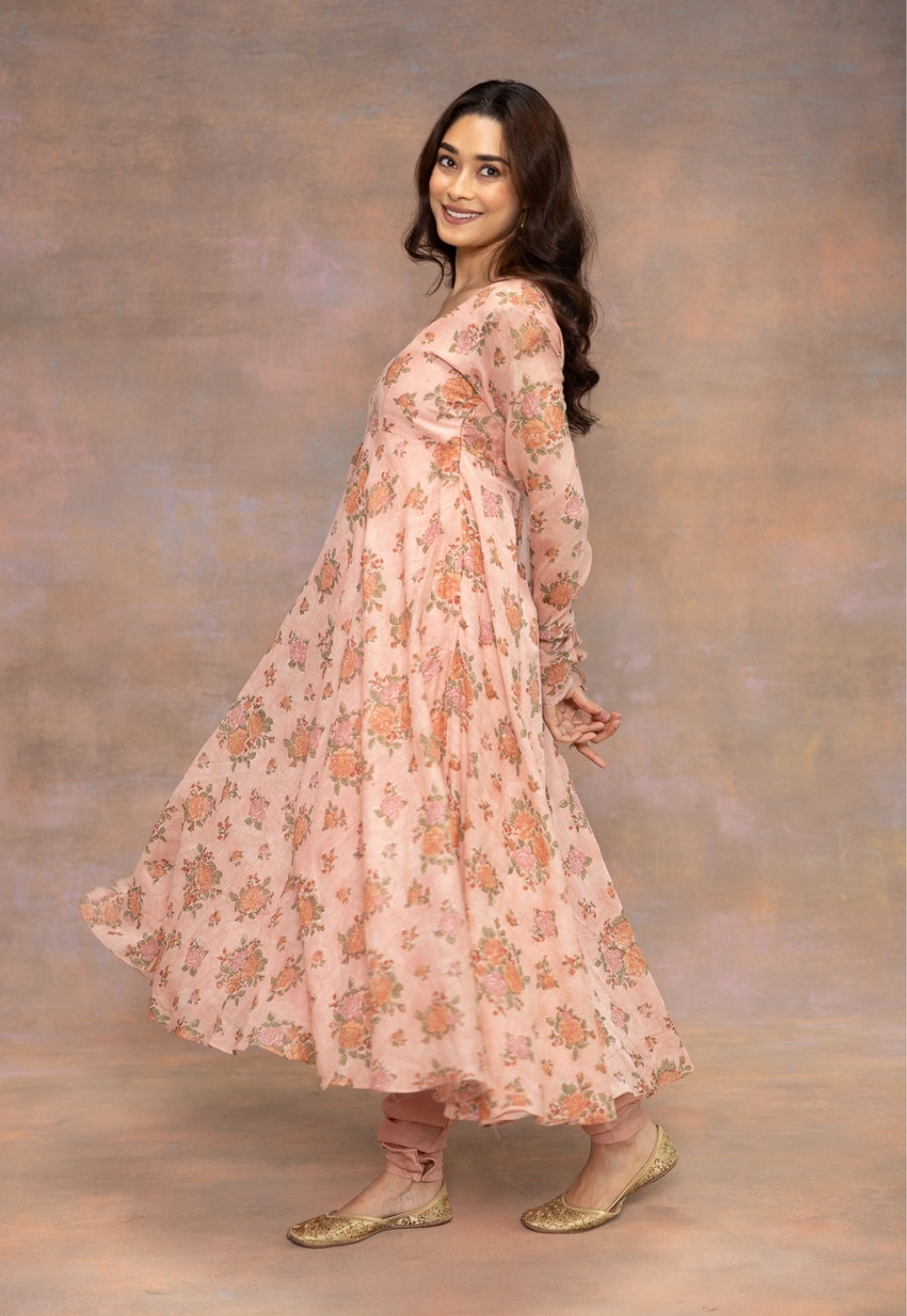 Rozhira Pink Sanganeri Chanderi Silk A Line Kurta with Hand Embroidery