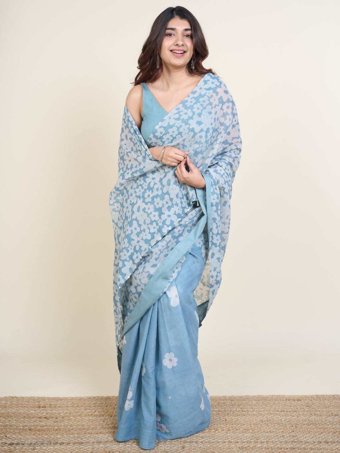 Warisha Blue Batik Hand Block Print Mul Cotton Saree with Embroidery