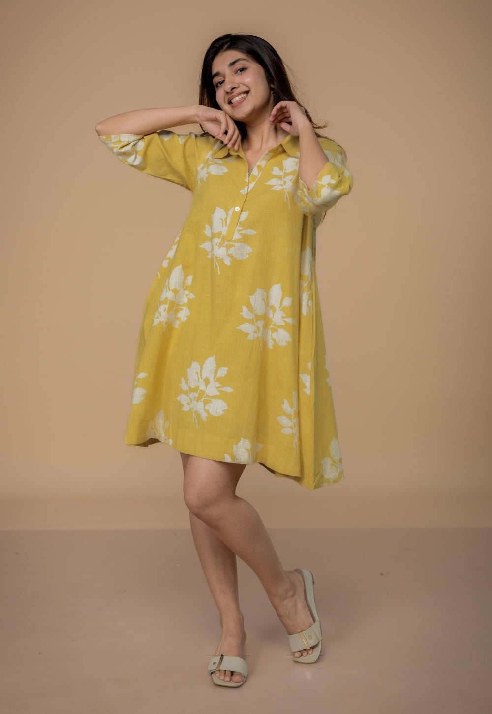 Srisha Yellow Dabu Slub Cotton A Line Dress