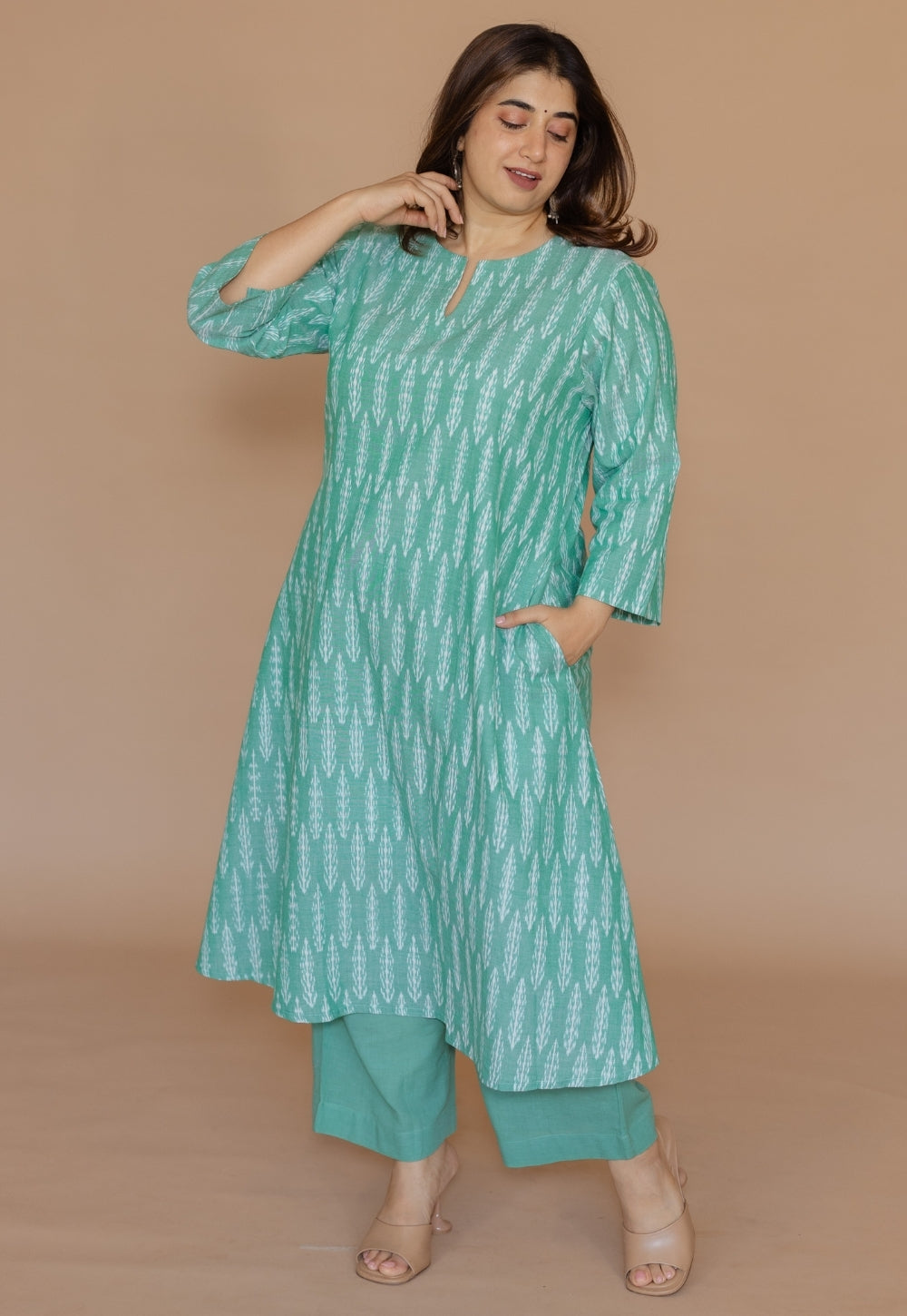Geet Green Handloom Ikkat Cotton A Line Kurta